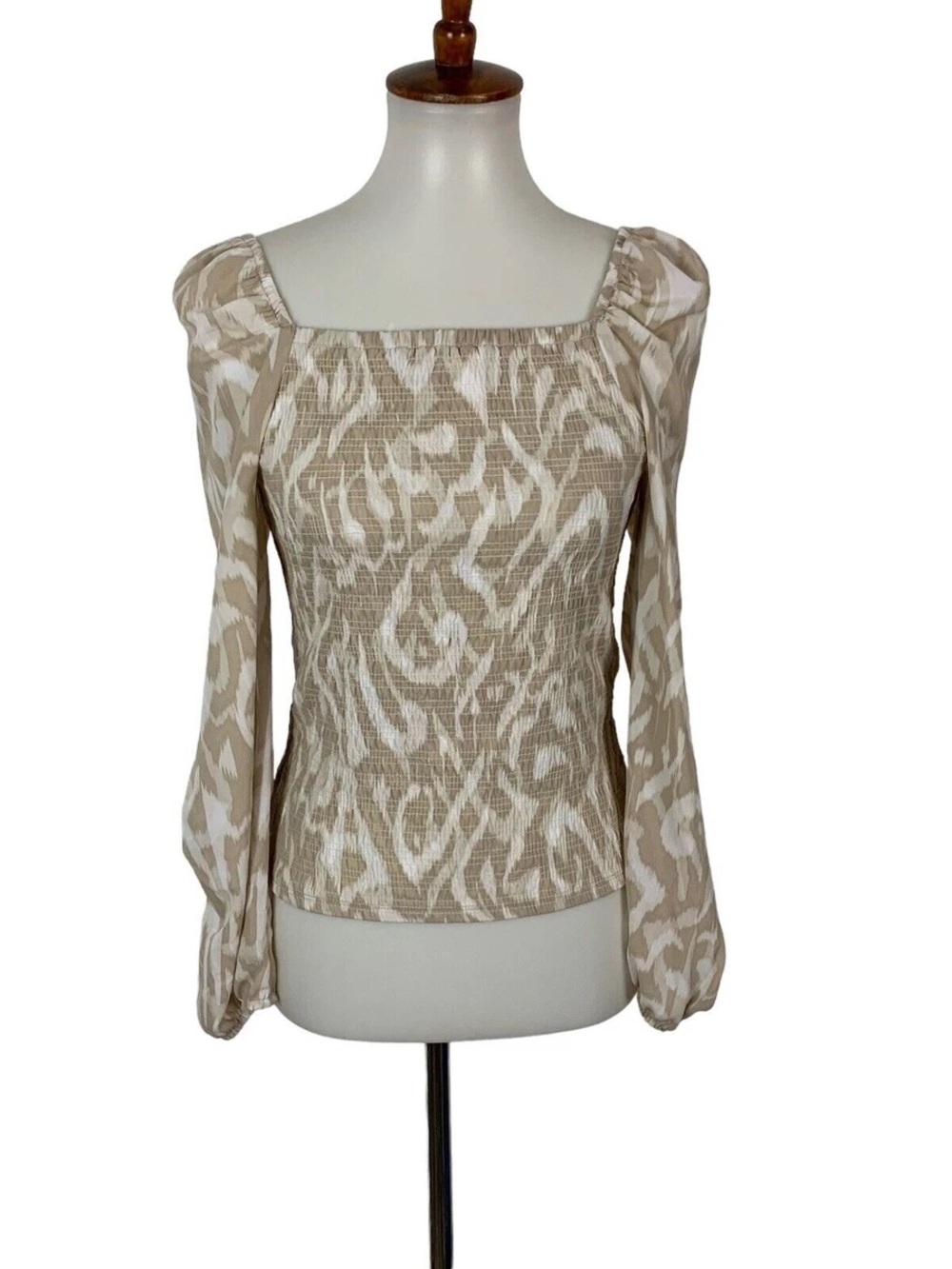 Halogen Beige Printed Long Sleeve Square Neck Top
